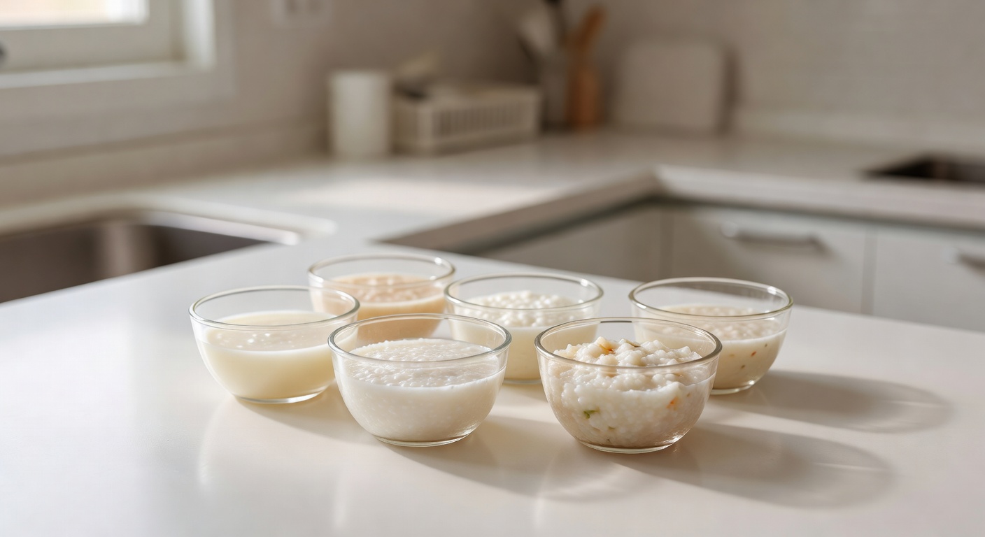 small glass bowls with baby porridge at different textures arranged on a white kitchen counter