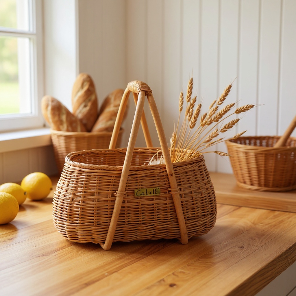Handwoven rattan basket on rustic kitchen countertop with morning light