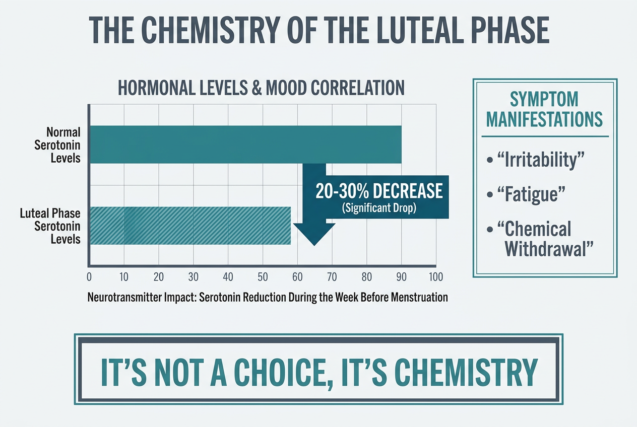A bar chart illustrating a 20-30% drop in serotonin levels during the luteal phase, highlighting biological causes for irritability and fatigue.