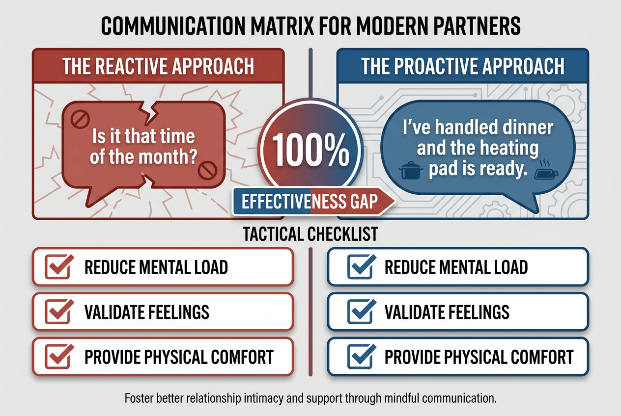 A comparison chart showing a reactive approach versus a proactive approach to supporting a partner, featuring improved communication phrases and actions.