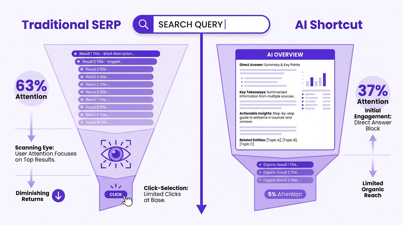 Infographic comparing user attention distribution between traditional SERP and AI Overview shortcut path