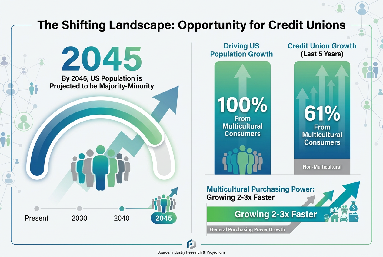 Infographic showing US demographic shifts: projected majority-minority population by 2045 and multicultural consumers driving 100% of growth.
