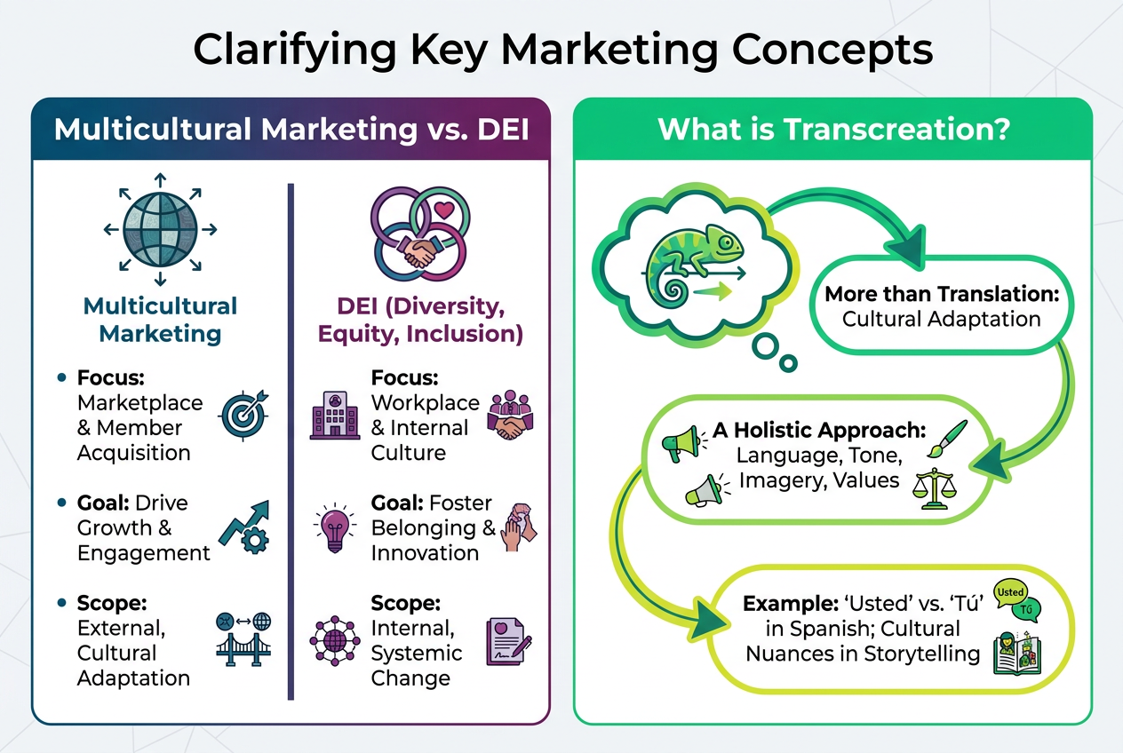 Chart comparing multicultural marketing (marketplace focus) and DEI (workplace focus), explaining transcreation as cultural and linguistic adaptation.