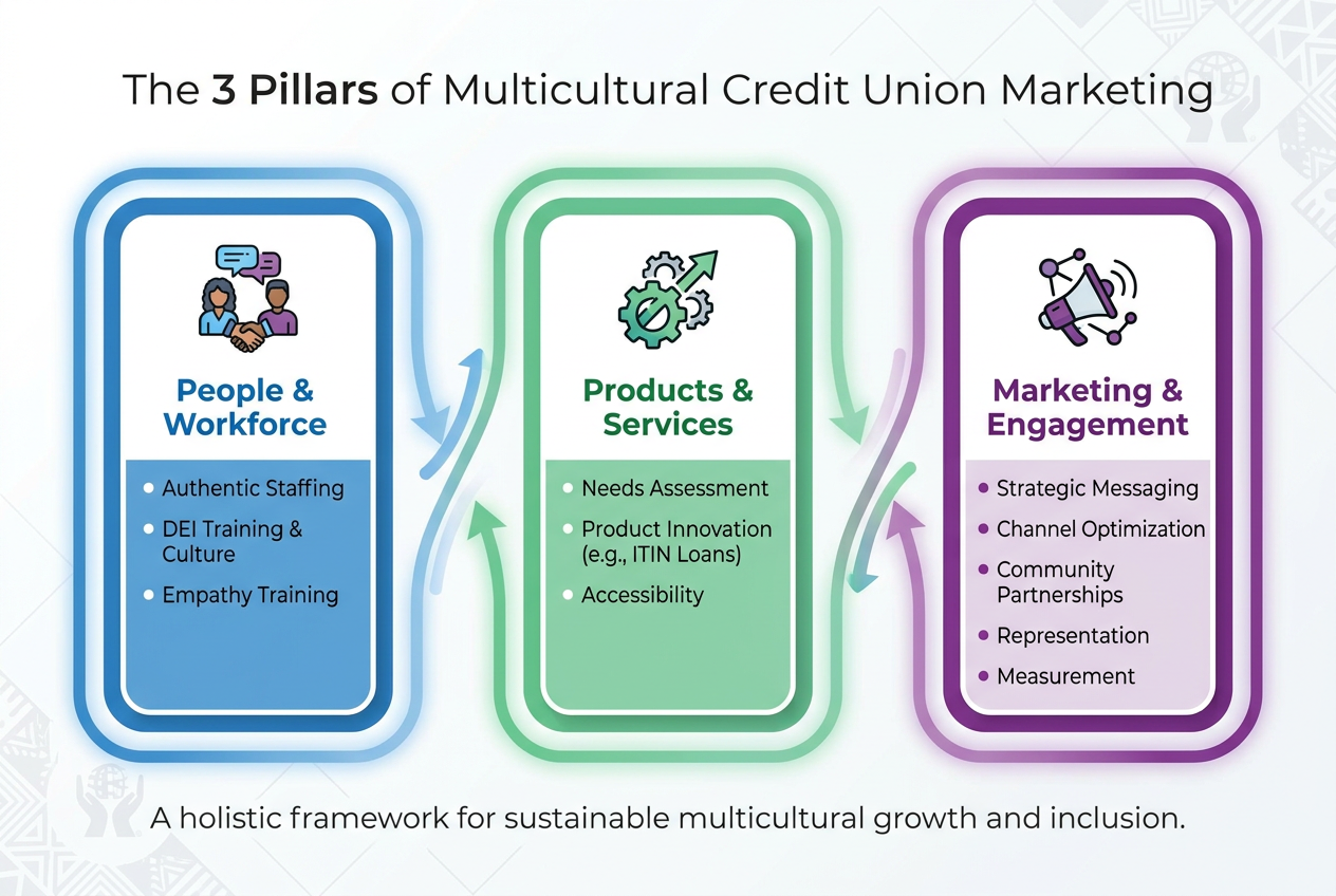 Infographic outlining the 3-Pillar Framework for multicultural credit union marketing: People & Workforce, Products & Services, and Marketing & Engagement.