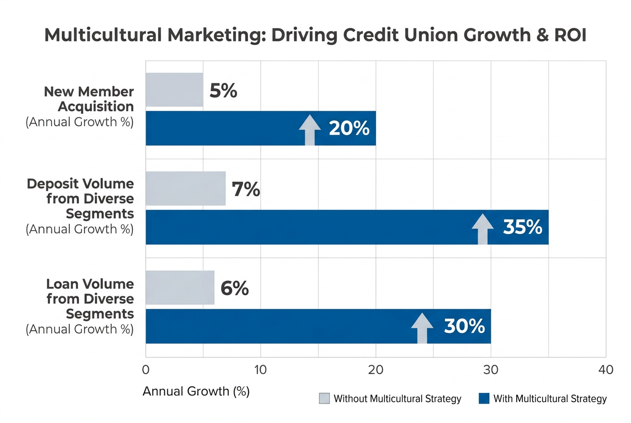 Bar chart demonstrating the potential ROI of multicultural marketing for credit unions, showing increased new member acquisition, deposit, and loan volume growth.