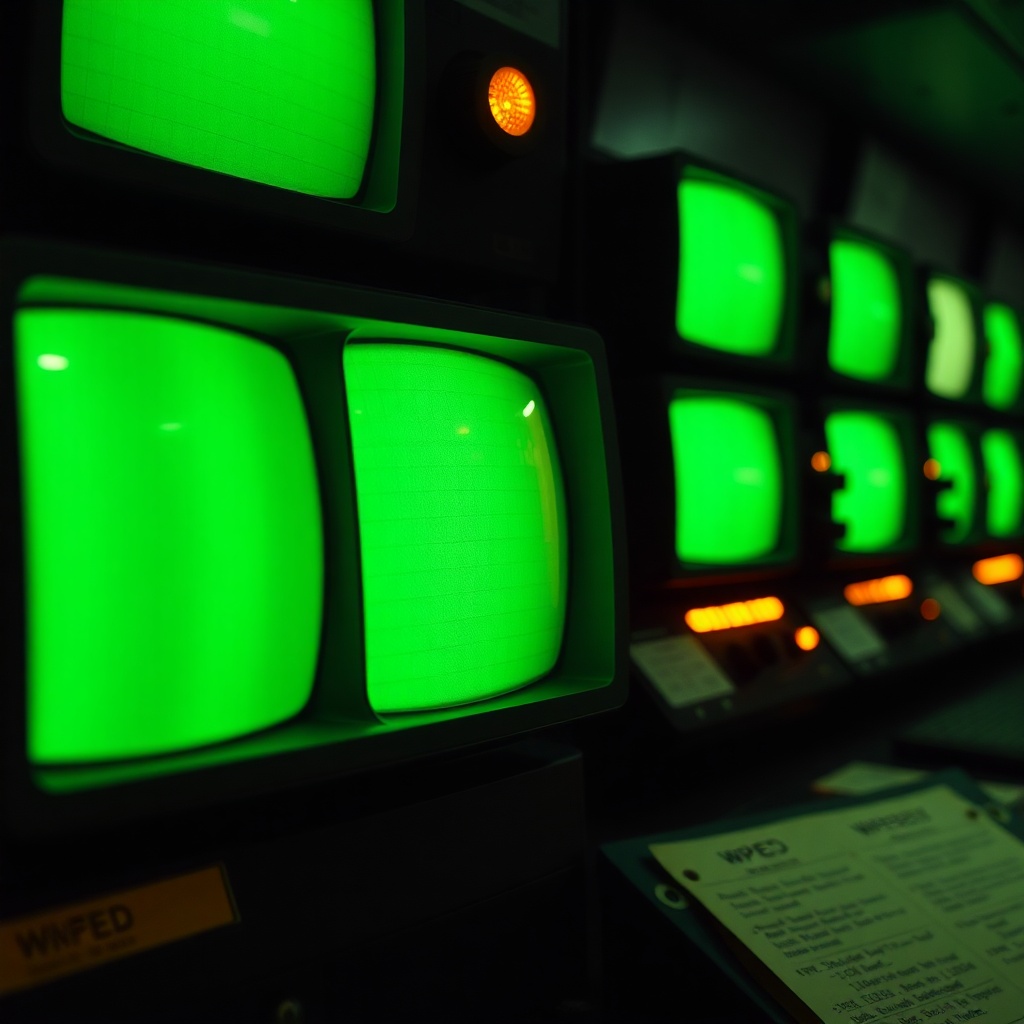 Close-up of WQED-TV's control room rack at twilight — the soft amber pulse of monitor lamps, the green glow of an oscilloscope trace, a hand-typed cream-stock equipment label on a frequency monitor.