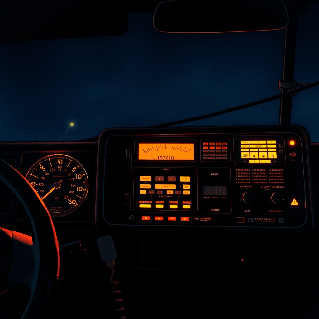A warm amber radio dial glowing inside a dark truck cab, the only light against the deep blue of the highway night, antenna silhouetted against the stars.