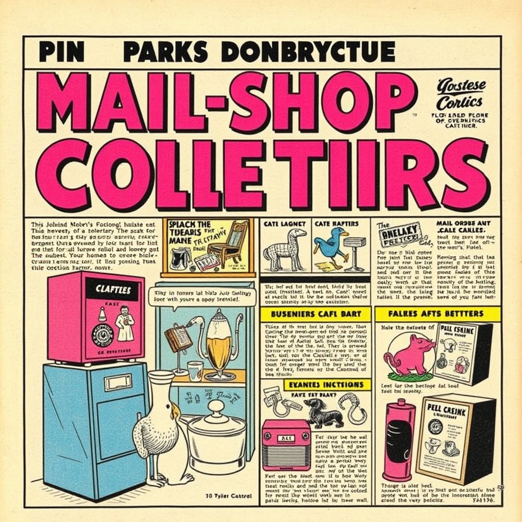 A warm hand-drawn illustration in cream, hot pink and mustard yellow showing a wooden mail carrier's satchel overflowing with bright catalogs, gag-item boxes, a sprung joy buzzer, sea-monkey aquarium, and a roll of stamps. A satisfied tabby cat is curled on top.