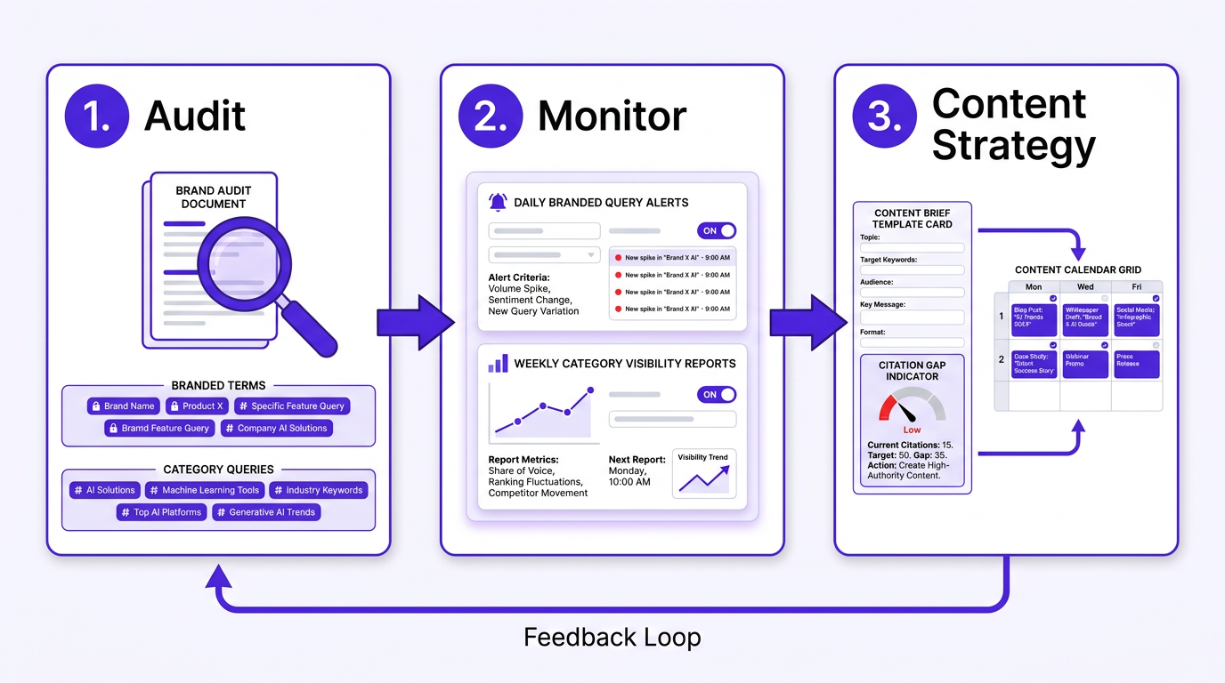 Three-step AI brand visibility implementation workflow from audit to monitoring to content strategy