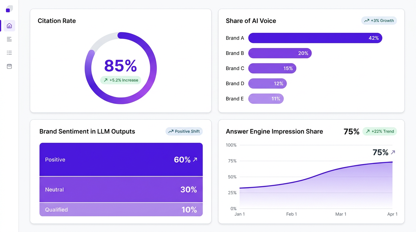 AI brand visibility metrics dashboard showing citation rate, share of AI voice, sentiment, and impression share