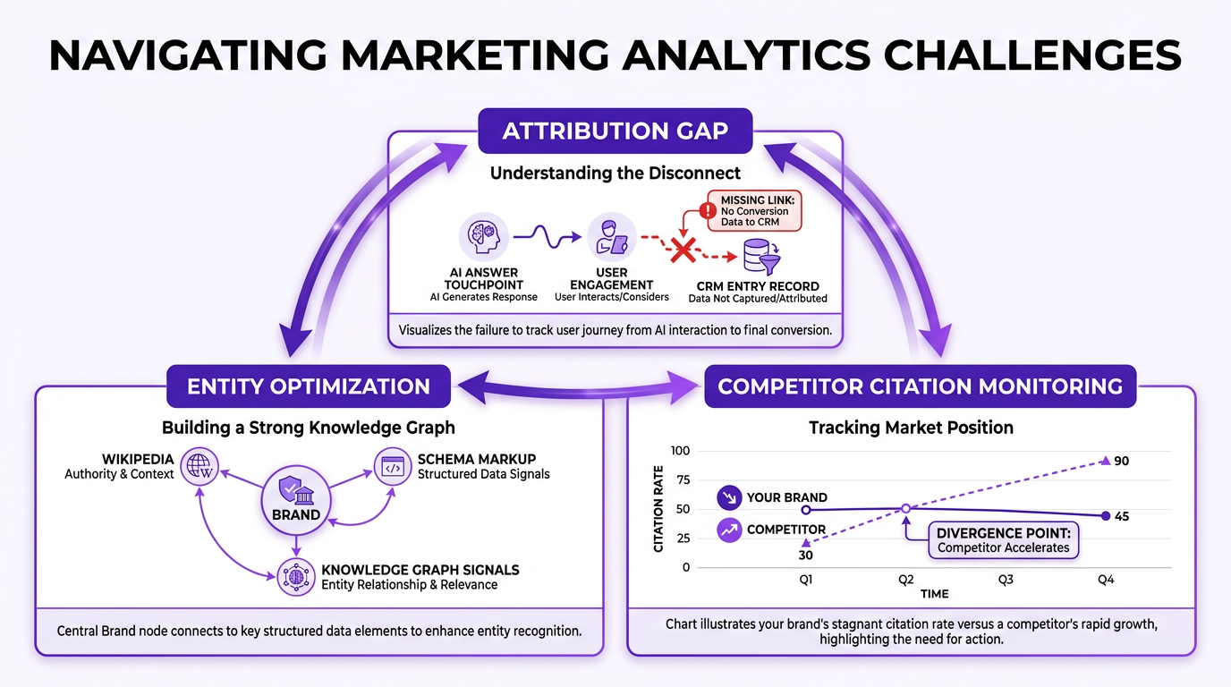 Advanced AI brand visibility challenges including attribution gap, entity optimization, and competitor citation monitoring