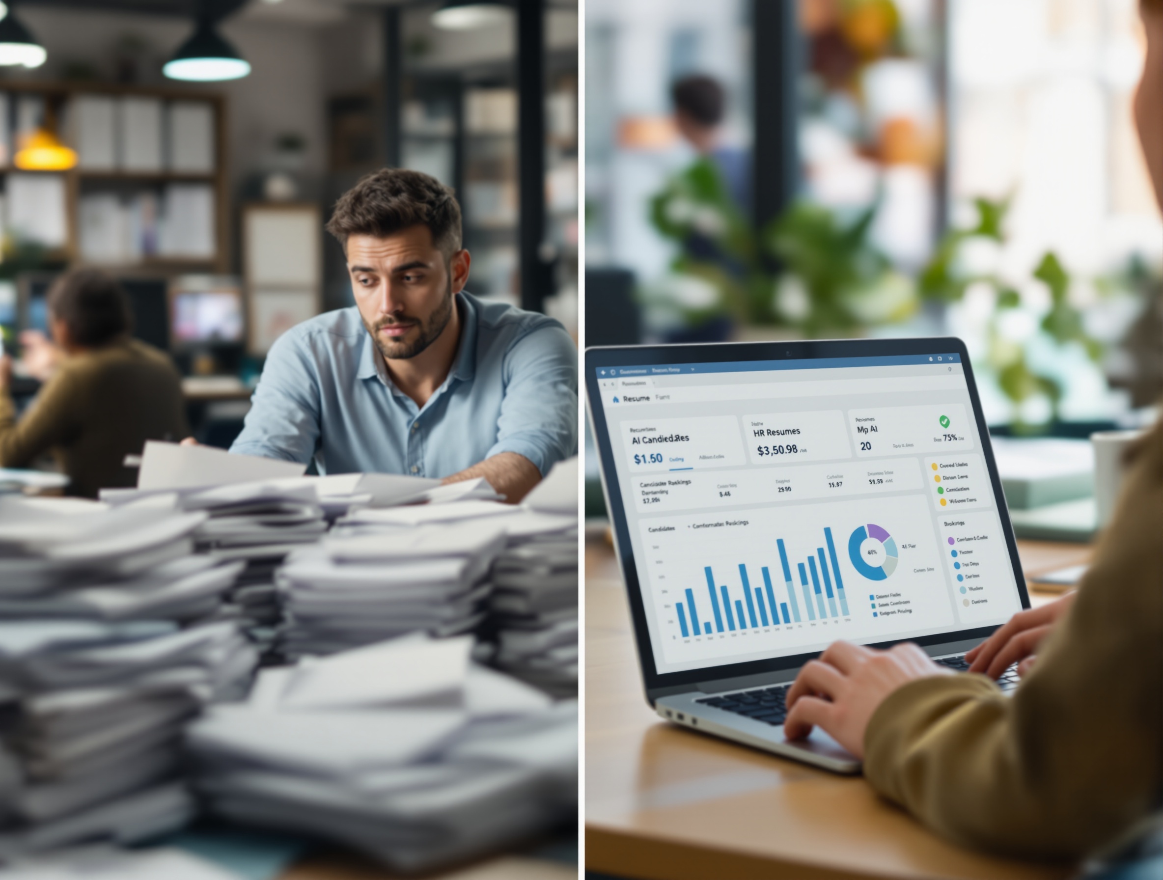Recruiter comparing manual resume stacks to an AI-powered dashboard