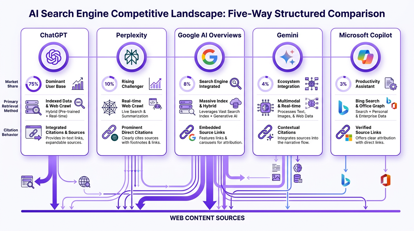 AI search engine ecosystem map showing ChatGPT, Perplexity, Google AI Overviews, Gemini, and Copilot market positions