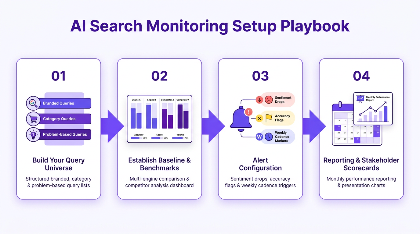 Four-phase AI search monitoring setup playbook timeline