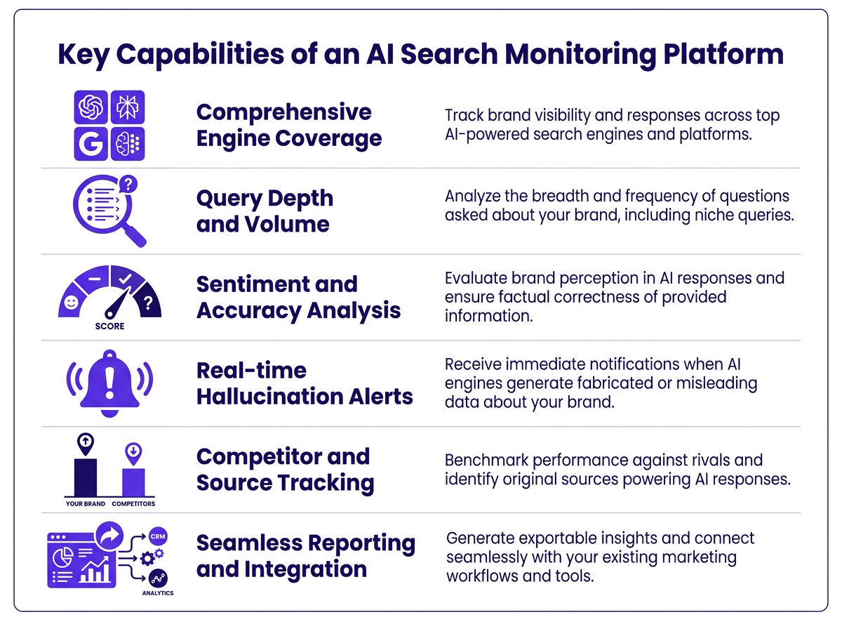 Key capabilities for an AI search monitoring platform, including engine coverage, query depth, and hallucination alerts