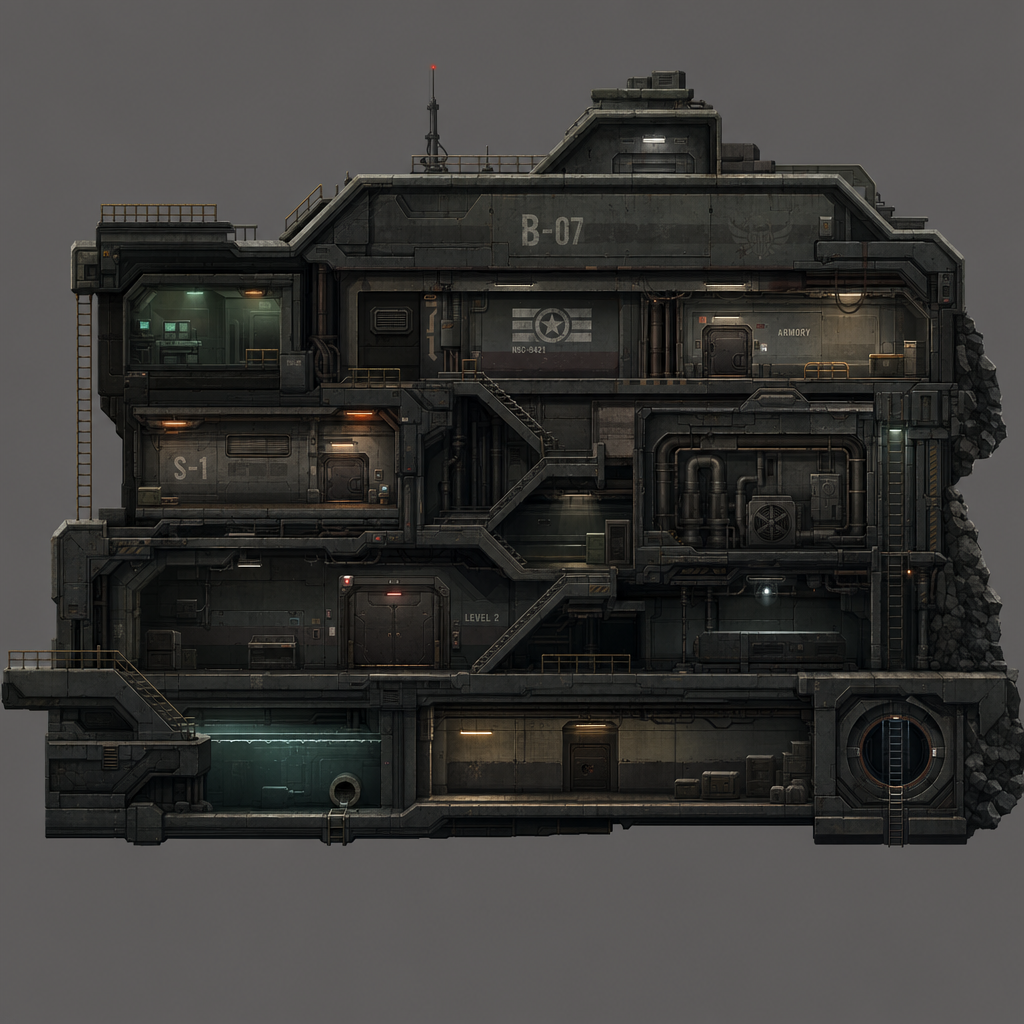 2D 16-bit metroidvania level, military underground