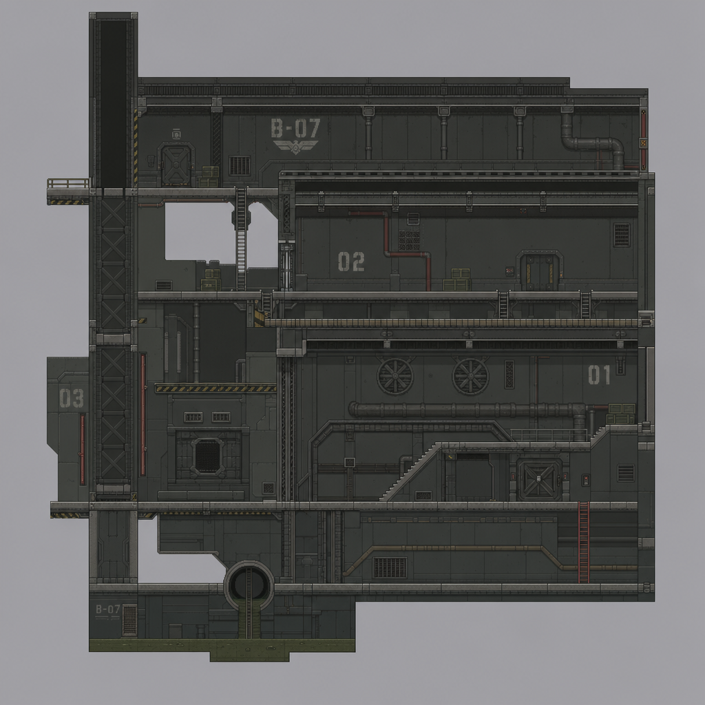 2D 16-bit metroidvania level, military underground