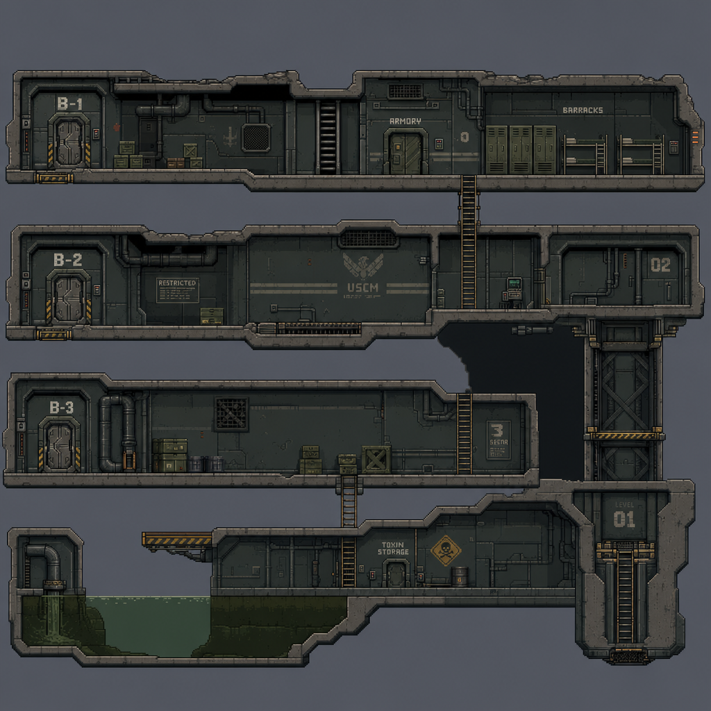2D 16-bit metroidvania level, military underground (2)