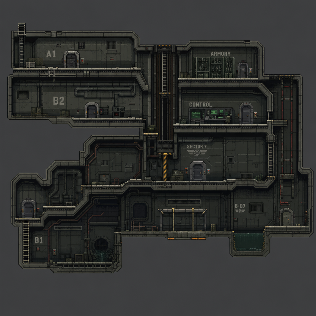 2D 16-bit metroidvania level, military underground