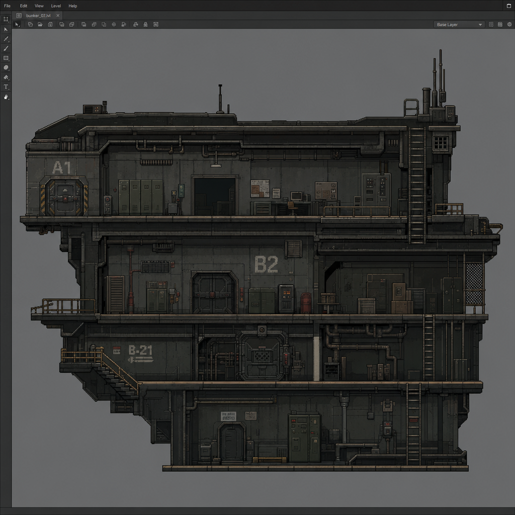 2D 16-bit metroidvania level, military underground