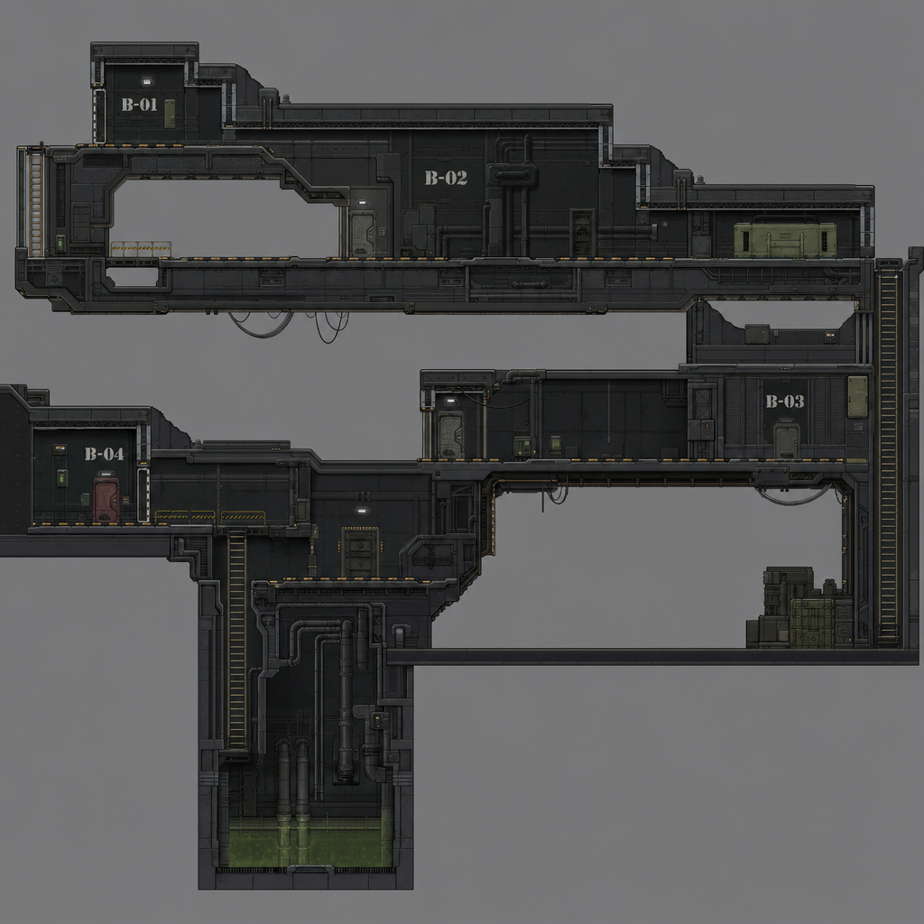 2D 16-bit metroidvania level, military underground