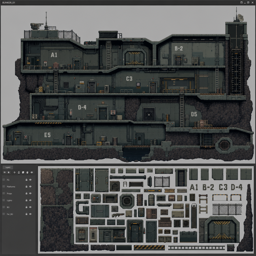 2D 16-bit metroidvania level, military underground (2)