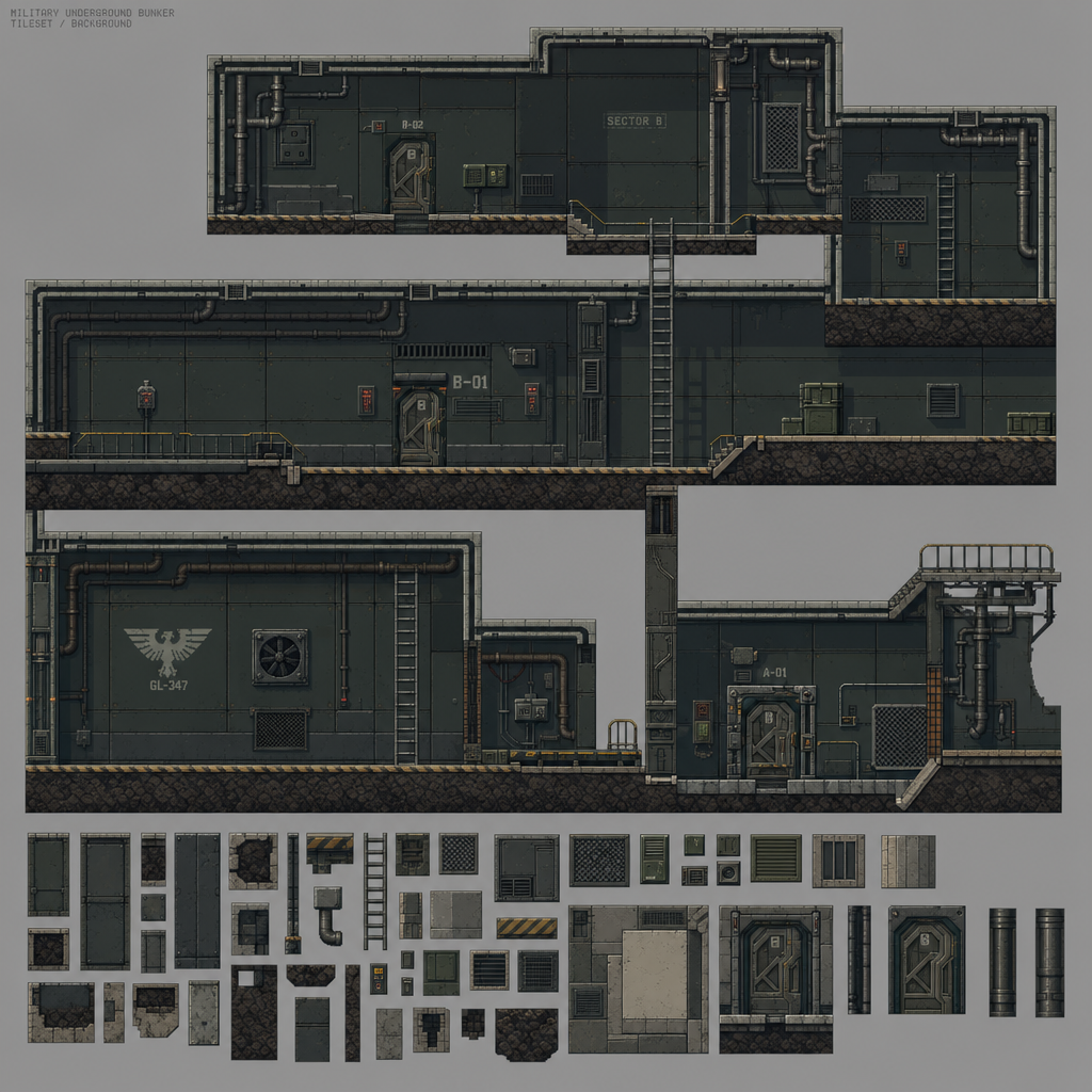 2D 16-bit metroidvania level, military underground
