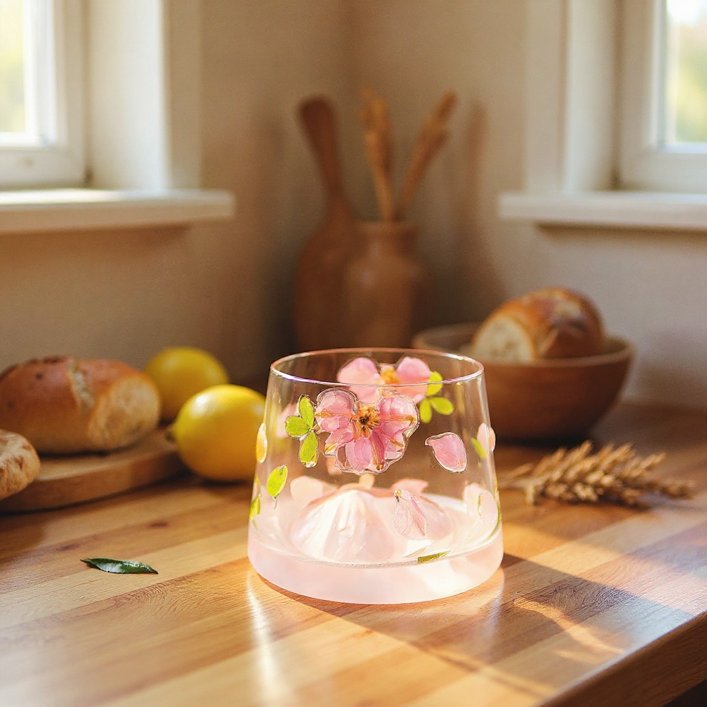 Glass tumbler with preserved flowers on rustic kitchen countertop