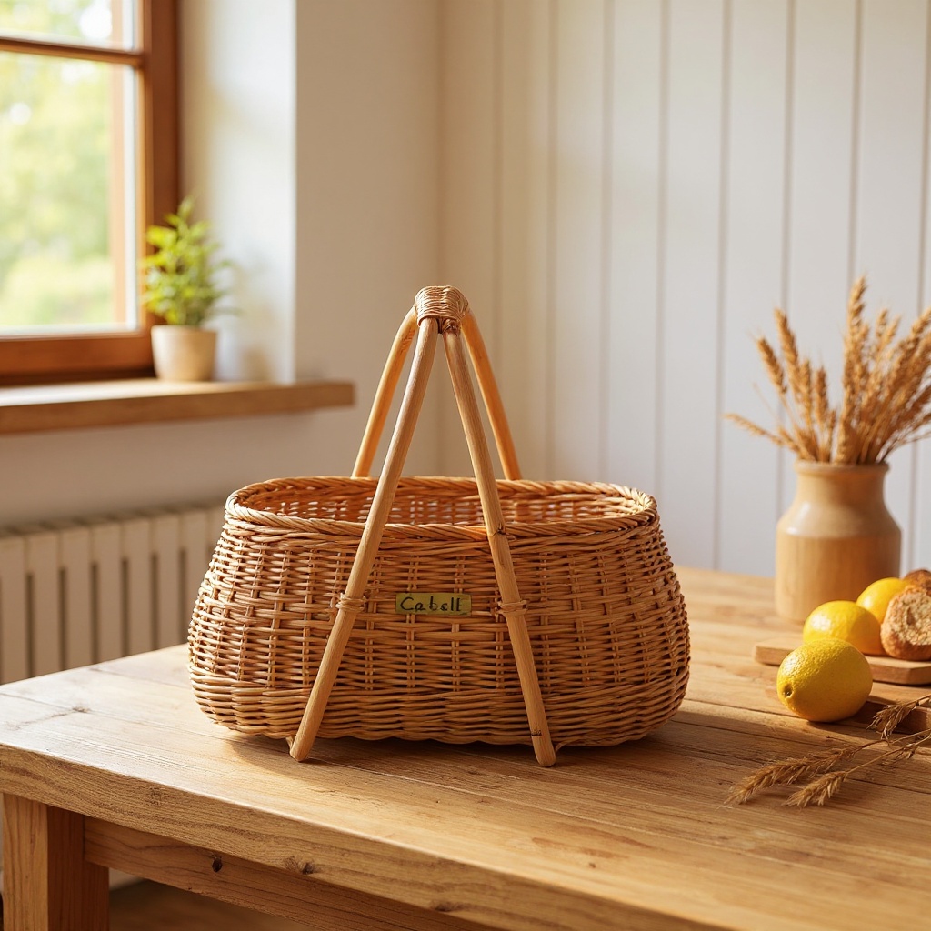 Handwoven rattan basket on rustic kitchen countertop with fresh bread and lemons