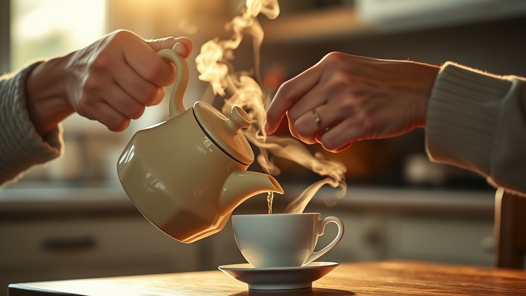 Mains versant du thé depuis une théière en céramique dans une petite tasse en porcelaine