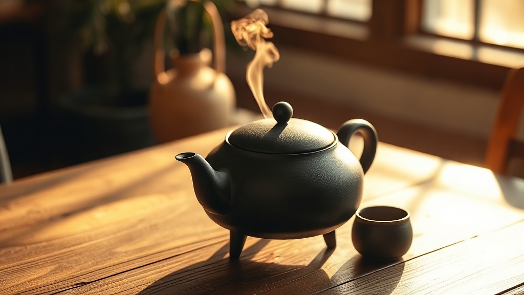 Théière en fonte japonaise avec vapeur s'élevant du bec verseur sur une table en bois