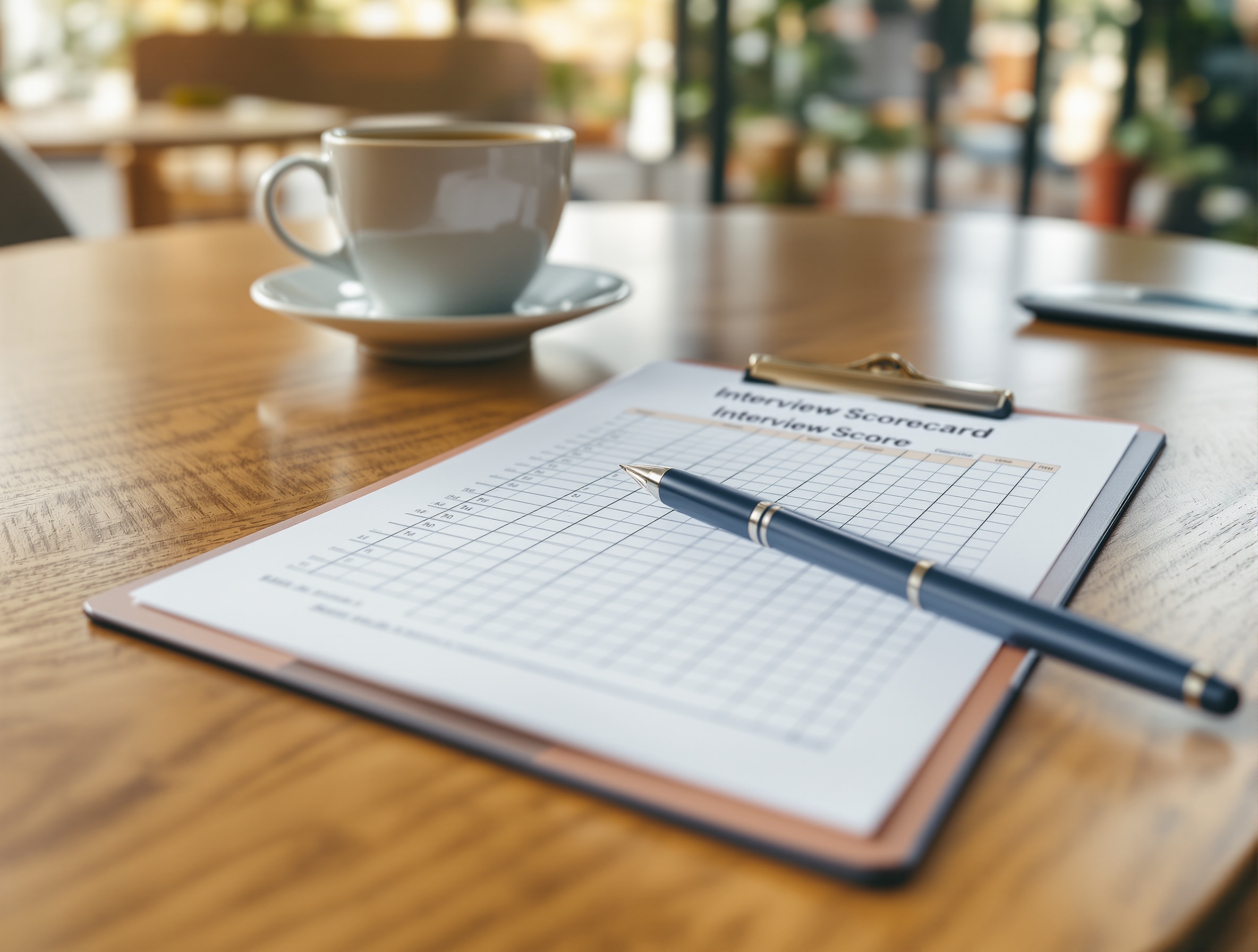 Printed interview scorecard and pen on a clipboard in a bright office