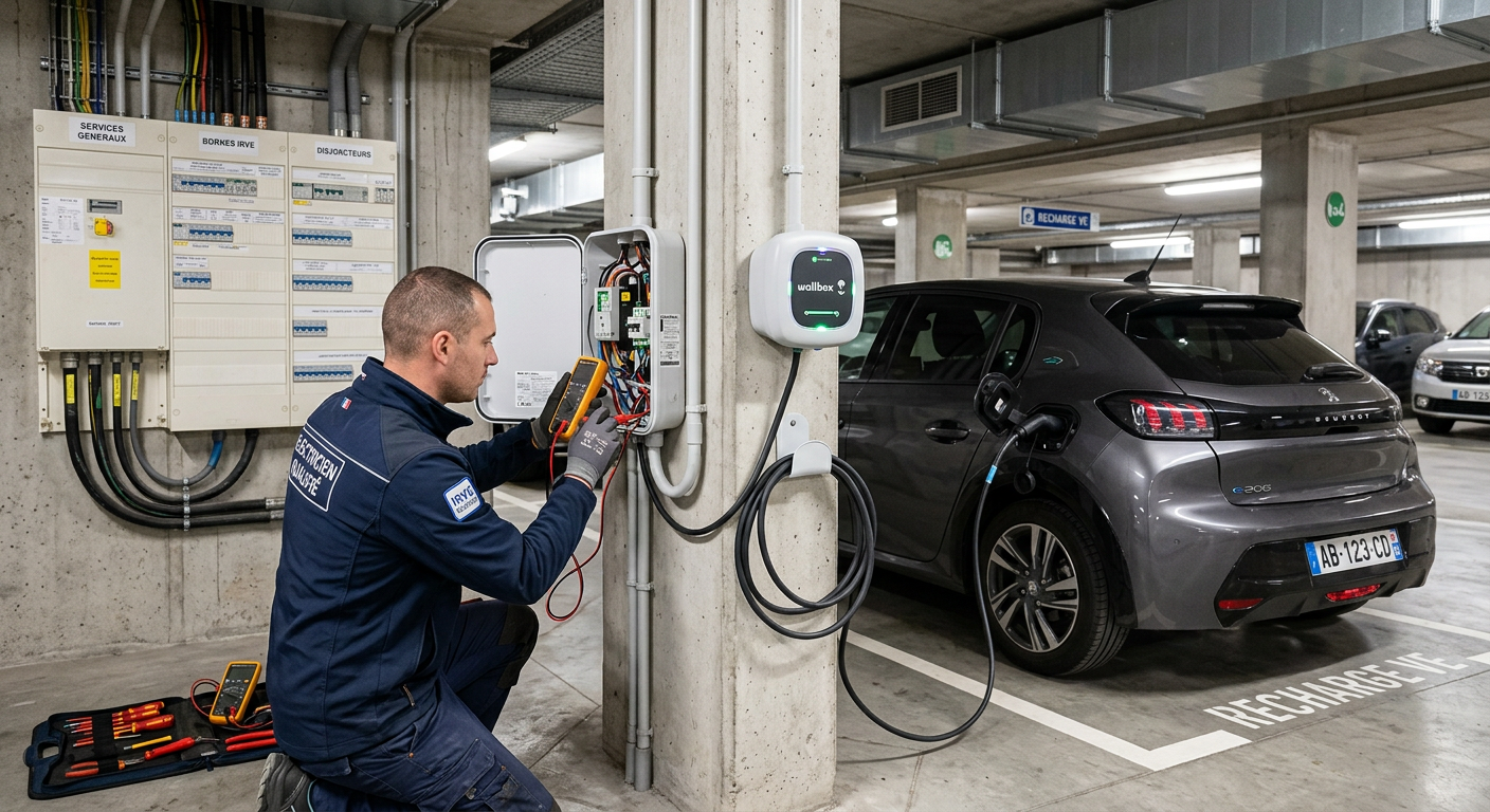 Installation d'une borne de recharge électrique IRVE en copropriété avec un installateur qualifié vérifiant le raccordement électrique