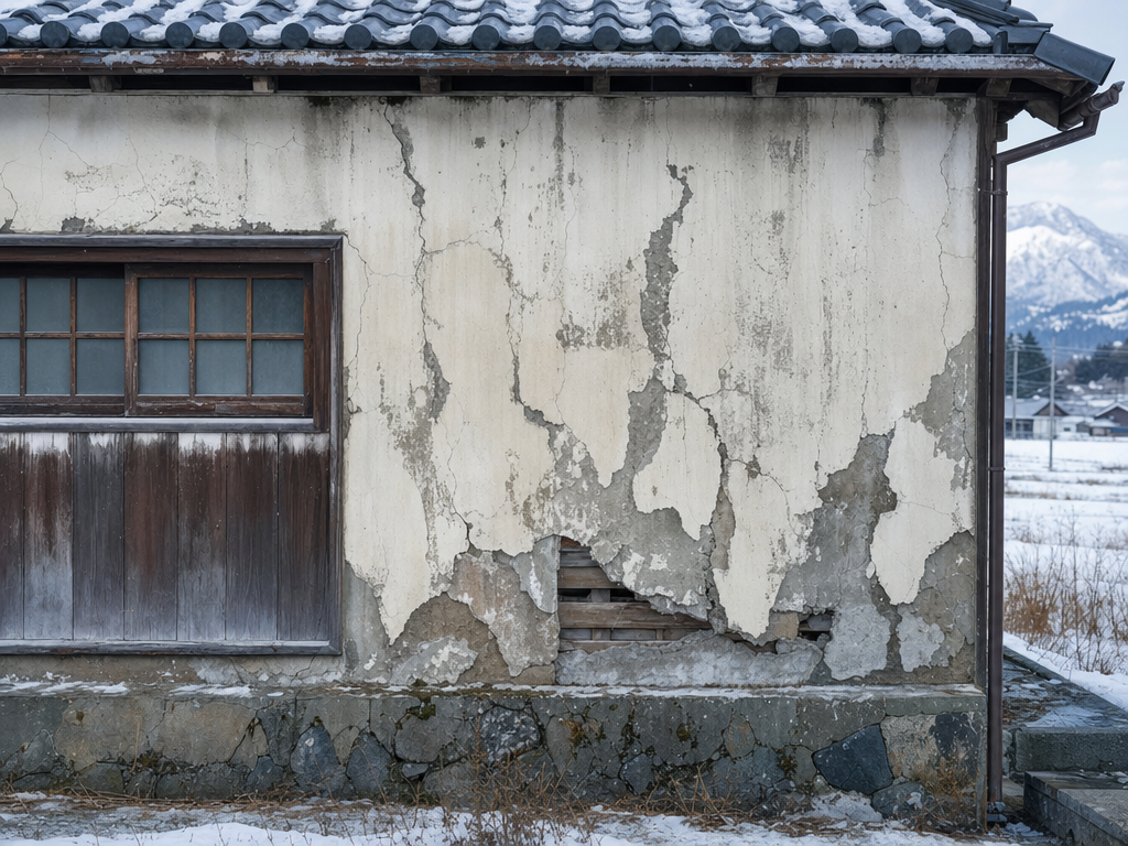 凍害でひび割れた外壁 - 北海道の寒冷地特有の劣化