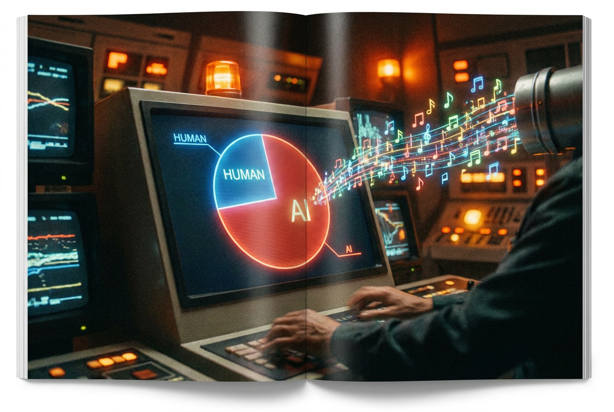 A digital dashboard showing a pie chart split between human and AI music uploads, with a flood of colorful music note icons pouring in from one side, data visualizations glowing on dark screens, a tense control room atmosphere with warm amber warning lights