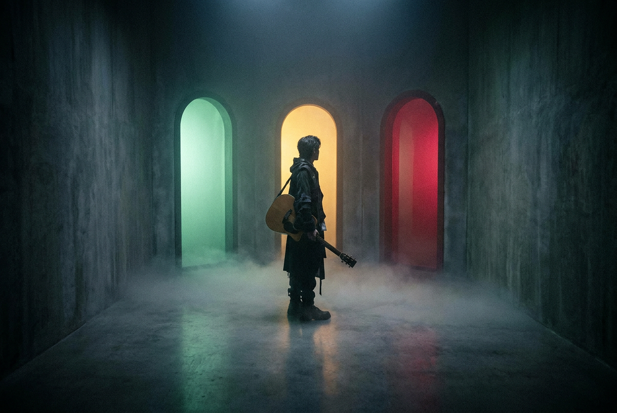Three distinct doors in a futuristic hallway, each glowing a different color — green labeled "Detect," yellow labeled "Disclose," and red labeled "Ban" — with a lone musician holding a guitar standing at the crossroads choosing which door to walk through, moody atmospheric lighting with fog on the floor