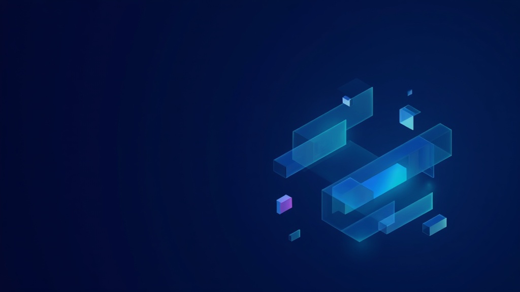 Dark navy background with overlapping translucent geometric shapes in cyan and violet, suggesting data flow and calculat