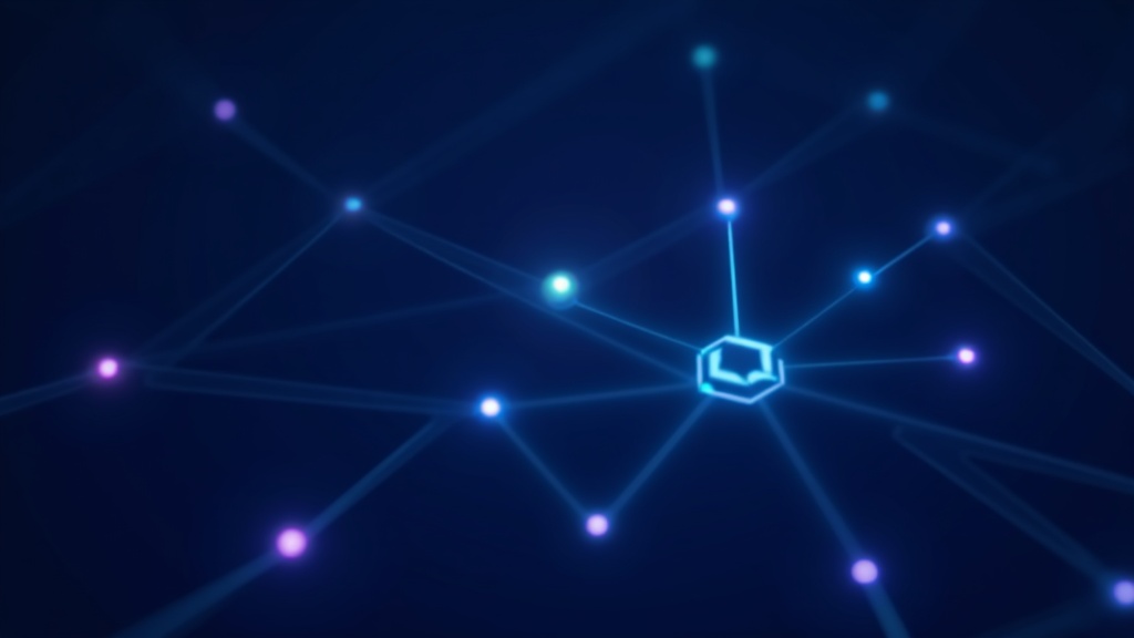 Minimalist abstract composition in dark navy with glowing cyan pathways branching and converging like a circuit or decis