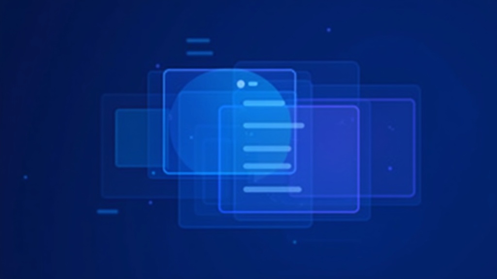 Abstract editorial image in deep navy blue with stacked translucent rectangular planes in cyan and violet gradients, sug
