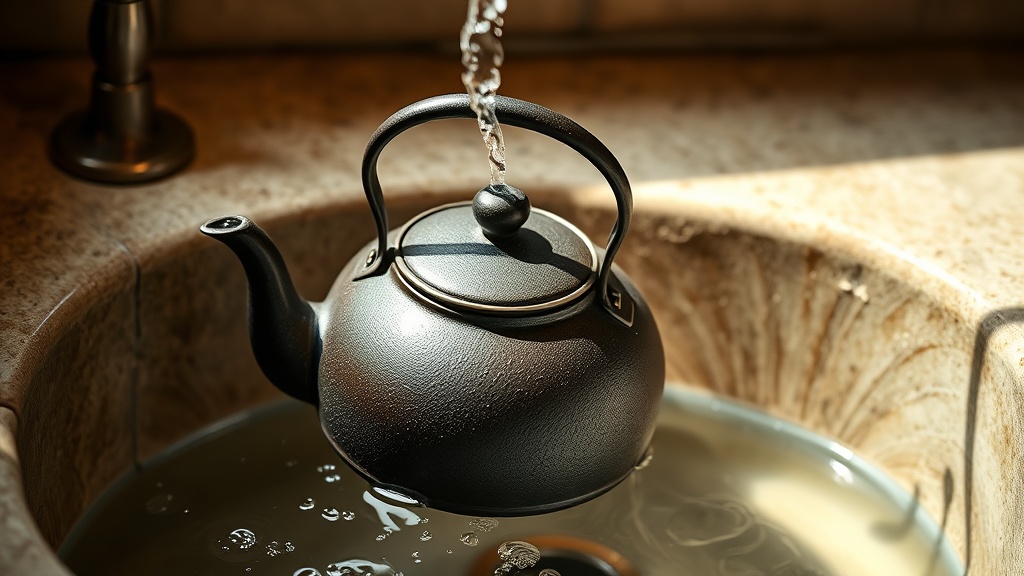Rinçage d'une théière en fonte à l'eau claire sans savon pour l'entretien