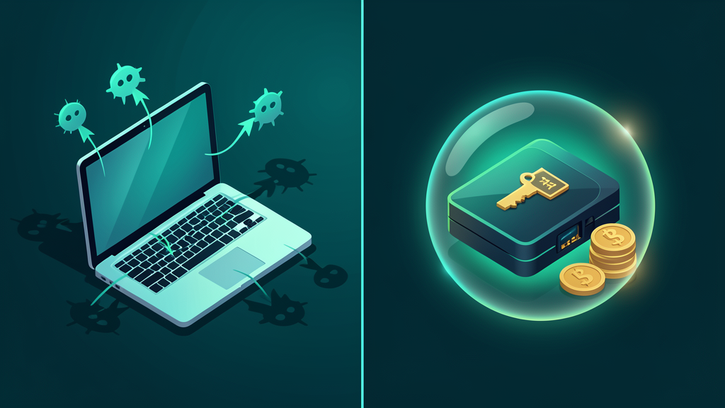 Illustration comparing risky online crypto storage with safer offline hardware wallet protection