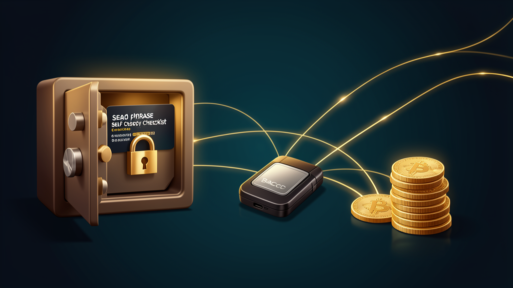 Crypto self custody checklist with hardware wallet, seed phrase backup, and secure storage