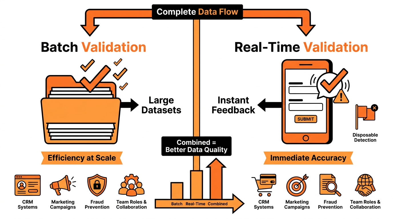 Bold flat infographic with two panels: 'Batch Validation' with file icon and checkmarks, 'Real-Time Validation' with form and live checkmark, connected by 'C…