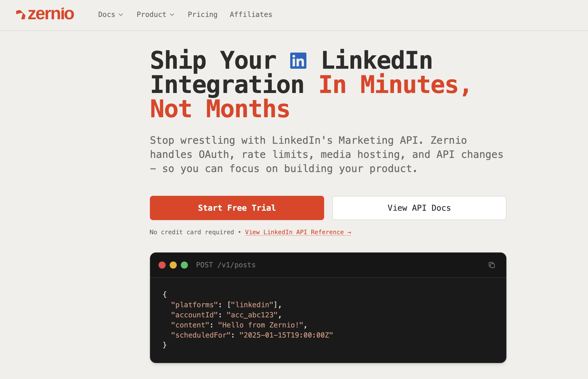 linkedin api posting with zernio