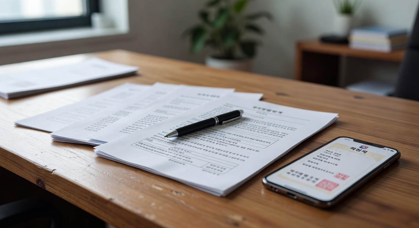 real estate contract documents and a pen on a wooden desk, with a smartphone showing a registration certificate