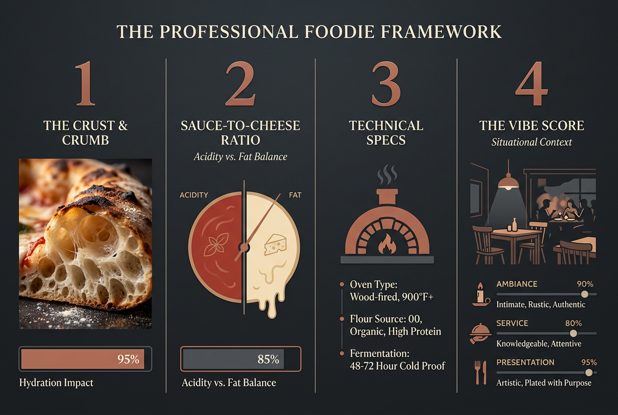Infographic showing the four-pillar Professional Foodie Framework for pizza reviews: Crust & Crumb, Sauce-to-Cheese, Technical Specs, and Vibe Score.