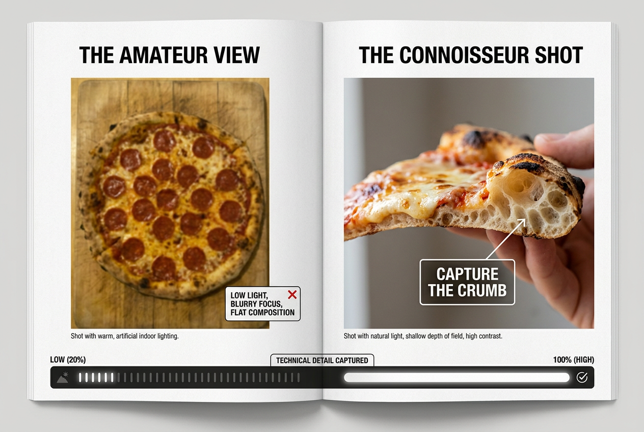Comparison of amateur top-down pizza photography versus professional crumb shots for documenting technical details in a foodie portfolio.