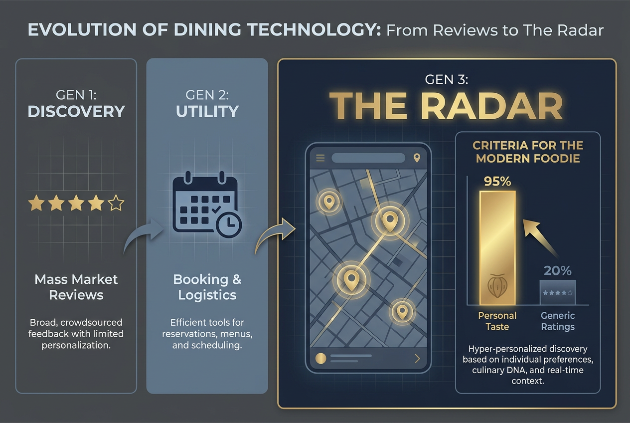 Infographic showing the evolution of food apps from Gen 1 Discovery and Gen 2 Utility to Gen 3 Food Radar apps focusing on personal taste.