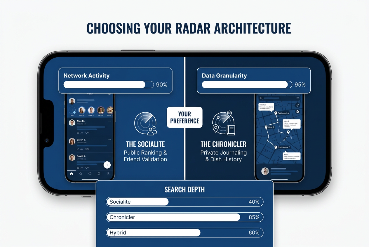 Comparison chart of social-style food apps versus private journaling food apps for serious foodies to help select the right tool.