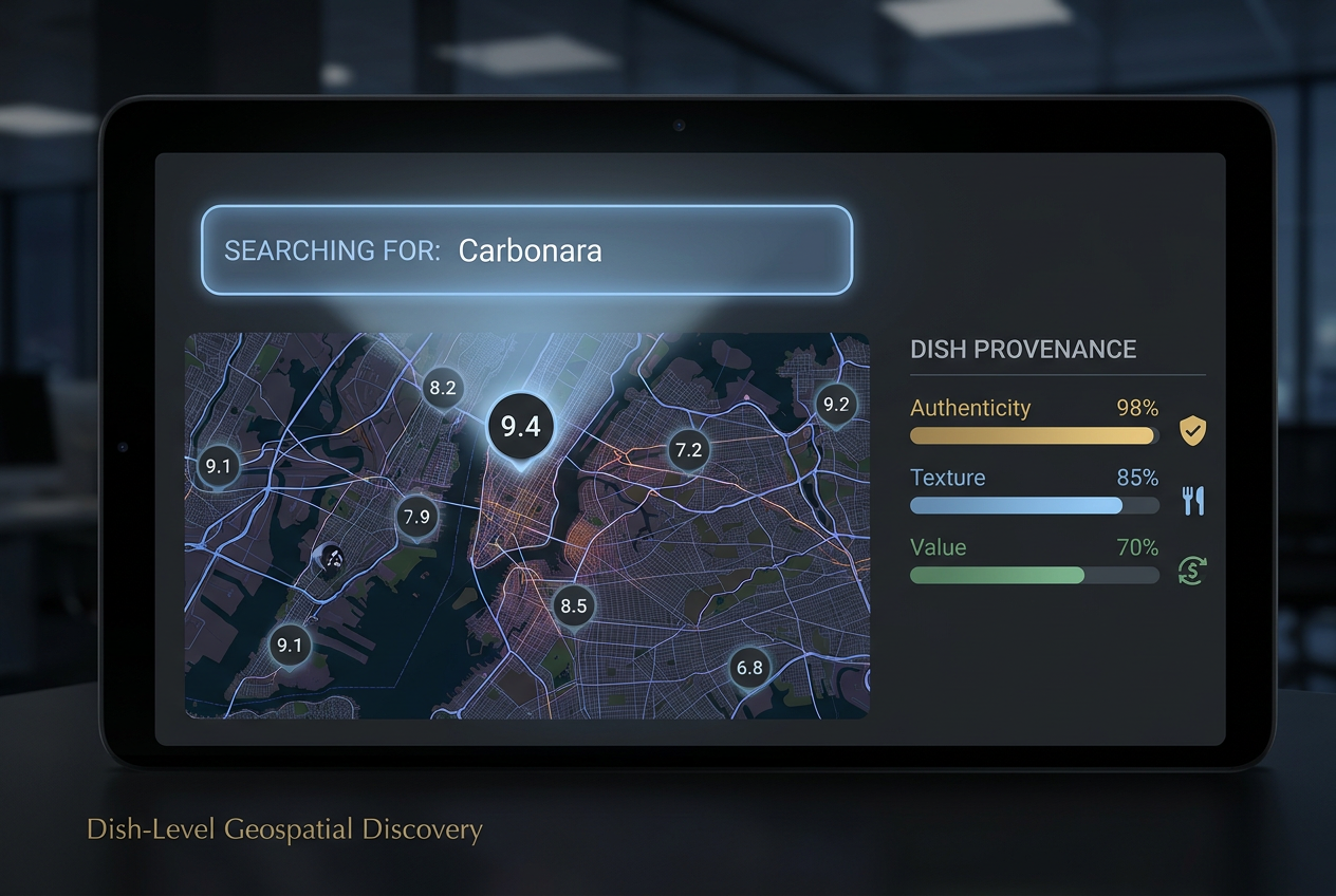 A conceptual UI showing a dish-level search for carbonara on a map with specific numerical ratings for each location instead of generic reviews.